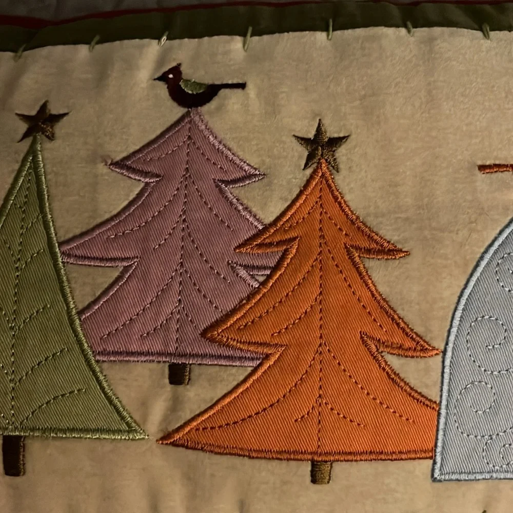 VTG CORDUROY Christmas Pillow with Xmas Tress and Birds